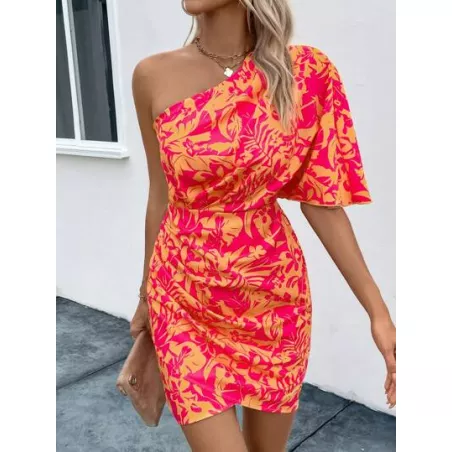 SHEIN LUNE Vestido ajustado con estampado de un hombro de manga murciélago fruncido lateral