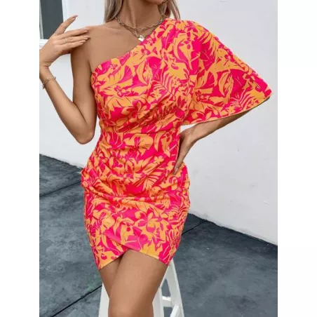 SHEIN LUNE Vestido ajustado con estampado de un hombro de manga murciélago fruncido lateral