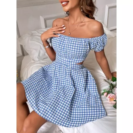 WYWH Vestido con estampado de guingán de hombros descubiertos con abertura