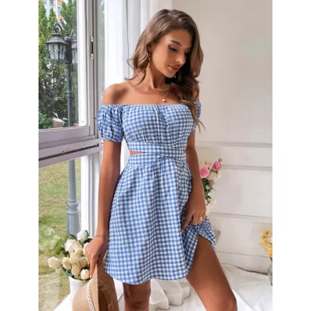 WYWH Vestido con estampado de guingán de hombros descubiertos con abertura