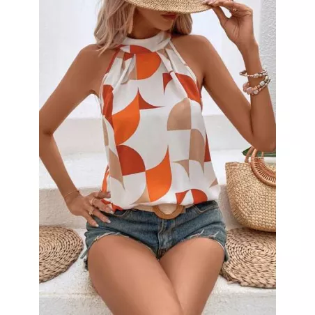 Blusa con estampado geométrico de espalda con abertura de ojo de cuello halter