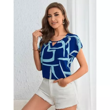 Blusa con estampado de dibujo de cuello con abertura de ojo de manga murciélago