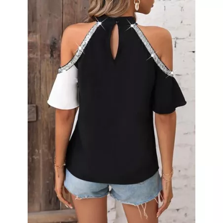 SHEIN LUNE Blusa de dos tonos de hombros descubiertos con lentejuela en contraste