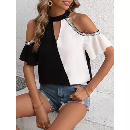 SHEIN LUNE Blusa de dos tonos de hombros descubiertos con lentejuela en contraste