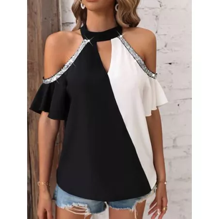 SHEIN LUNE Blusa de dos tonos de hombros descubiertos con lentejuela en contraste