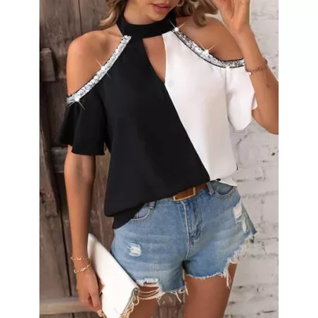 SHEIN LUNE Blusa de dos tonos de hombros descubiertos con lentejuela en contraste