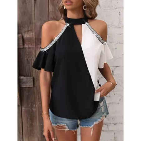 SHEIN LUNE Blusa de dos tonos de hombros descubiertos con lentejuela en contraste