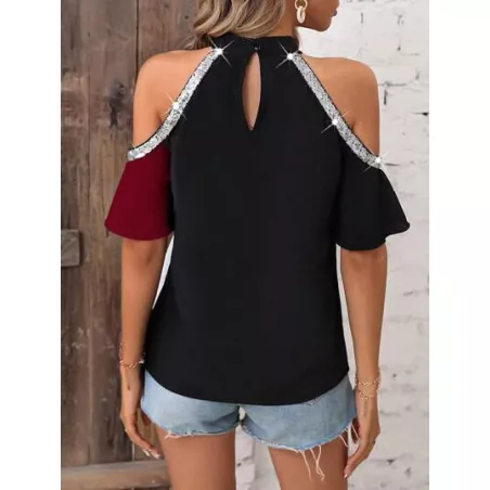 SHEIN LUNE Blusa de dos tonos de hombros descubiertos con lentejuela en contraste