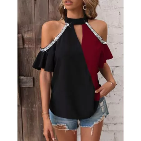 SHEIN LUNE Blusa de dos tonos de hombros descubiertos con lentejuela en contraste