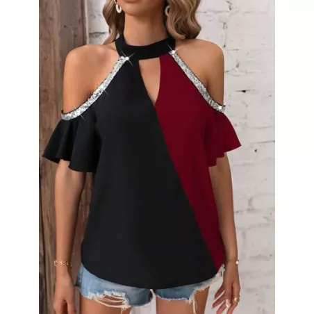 SHEIN LUNE Blusa de dos tonos de hombros descubiertos con lentejuela en contraste