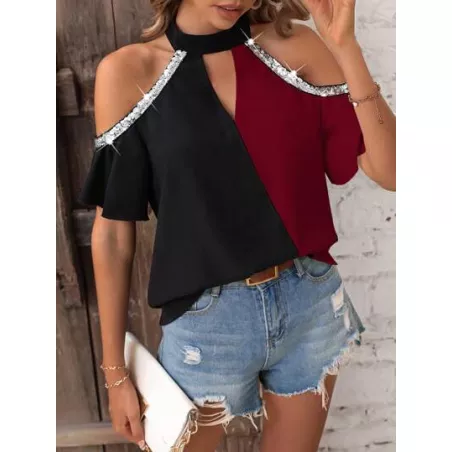 SHEIN LUNE Blusa de dos tonos de hombros descubiertos con lentejuela en contraste