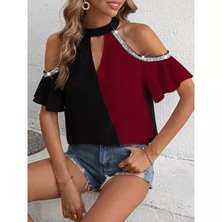 SHEIN LUNE Blusa de dos tonos de hombros descubiertos con lentejuela en contraste