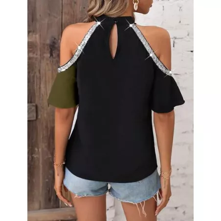 SHEIN LUNE Blusa de dos tonos de hombros descubiertos con lentejuela en contraste