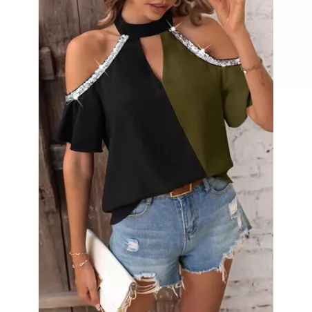 SHEIN LUNE Blusa de dos tonos de hombros descubiertos con lentejuela en contraste