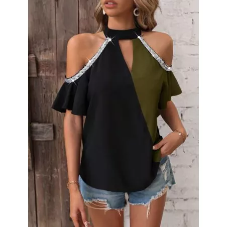 SHEIN LUNE Blusa de dos tonos de hombros descubiertos con lentejuela en contraste