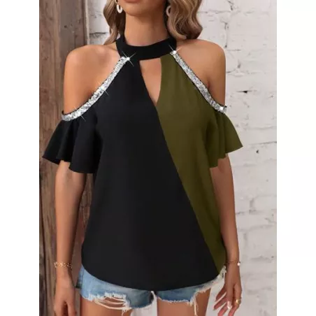 SHEIN LUNE Blusa de dos tonos de hombros descubiertos con lentejuela en contraste