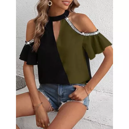 SHEIN LUNE Blusa de dos tonos de hombros descubiertos con lentejuela en contraste