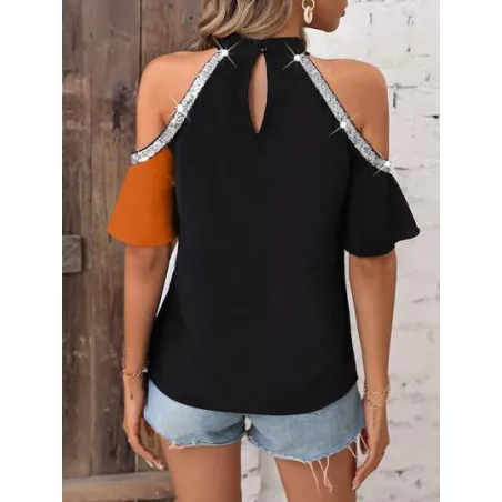 SHEIN LUNE Blusa de dos tonos de hombros descubiertos con lentejuela en contraste