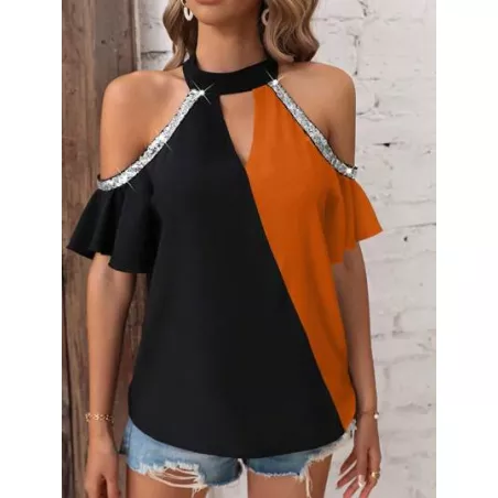 SHEIN LUNE Blusa de dos tonos de hombros descubiertos con lentejuela en contraste