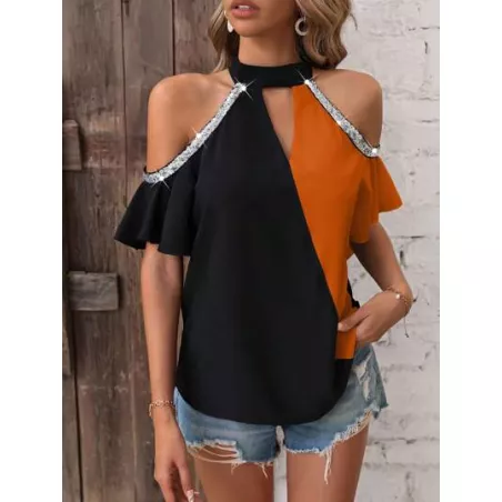 SHEIN LUNE Blusa de dos tonos de hombros descubiertos con lentejuela en contraste