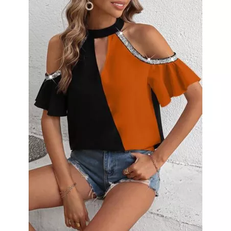 SHEIN LUNE Blusa de dos tonos de hombros descubiertos con lentejuela en contraste