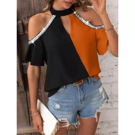 SHEIN LUNE Blusa de dos tonos de hombros descubiertos con lentejuela en contraste