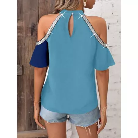 SHEIN LUNE Blusa de dos tonos de hombros descubiertos con lentejuela en contraste