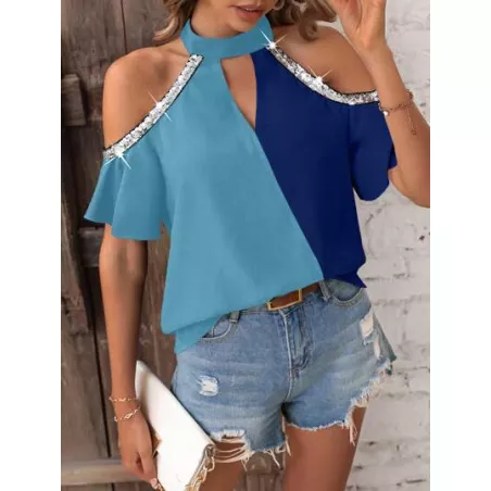 SHEIN LUNE Blusa de dos tonos de hombros descubiertos con lentejuela en contraste