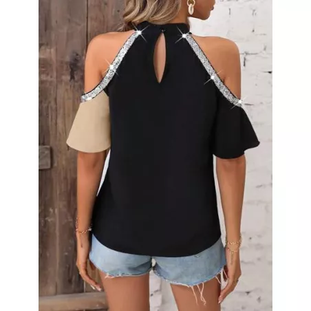 SHEIN LUNE Blusa de dos tonos de hombros descubiertos con lentejuela en contraste