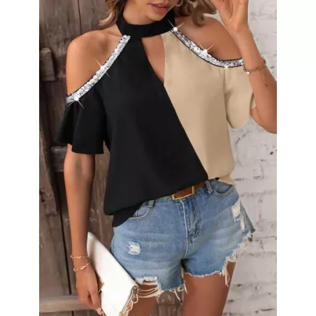 SHEIN LUNE Blusa de dos tonos de hombros descubiertos con lentejuela en contraste