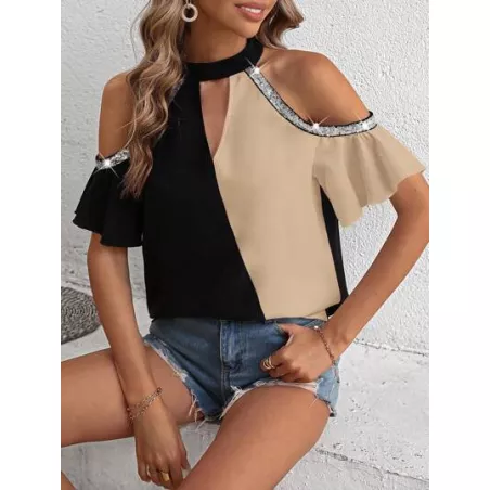 SHEIN LUNE Blusa de dos tonos de hombros descubiertos con lentejuela en contraste