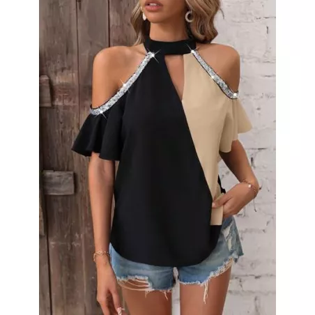 SHEIN LUNE Blusa de dos tonos de hombros descubiertos con lentejuela en contraste