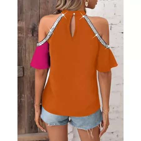 SHEIN LUNE Blusa de dos tonos de hombros descubiertos con lentejuela en contraste