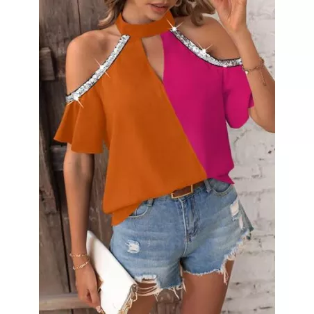 SHEIN LUNE Blusa de dos tonos de hombros descubiertos con lentejuela en contraste