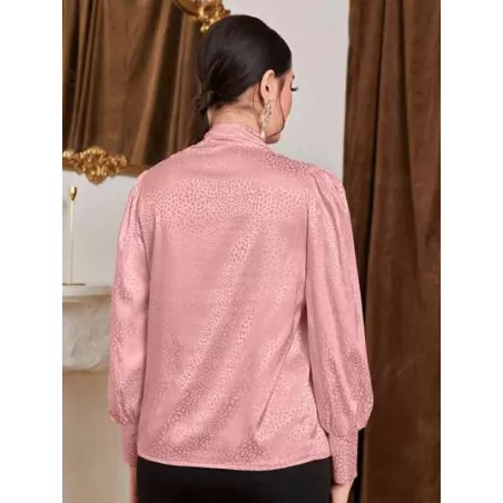 SHEIN Modely Blusa jacquard de cuello alto de manga farol con fruncido