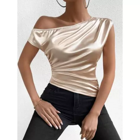 SHEIN Privé Blusa unicolor fruncido de cuello asimétrico de satén