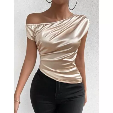 SHEIN Privé Blusa unicolor fruncido de cuello asimétrico de satén