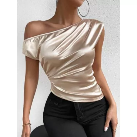 SHEIN Privé Blusa unicolor fruncido de cuello asimétrico de satén