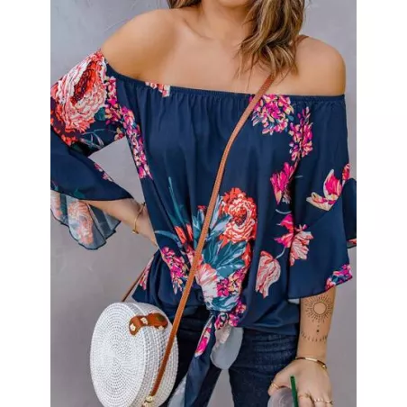 Blusa con estampado floral de hombros descubiertos bajo con nudo