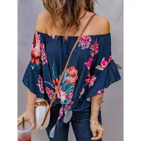 Blusa con estampado floral de hombros descubiertos bajo con nudo