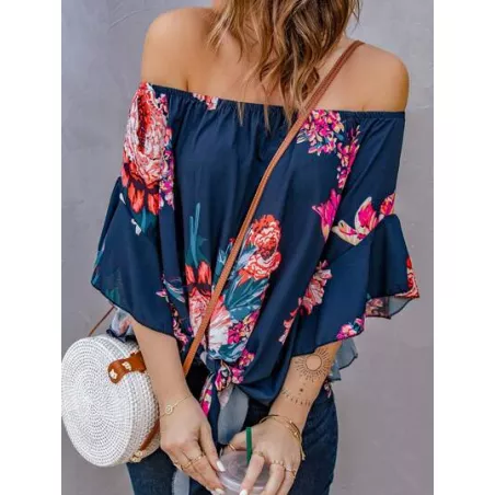 Blusa con estampado floral de hombros descubiertos bajo con nudo