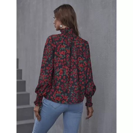 SHEIN Clasi Blusa con estampado floral con fruncido cuello de manga farol