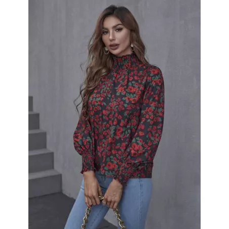 SHEIN Clasi Blusa con estampado floral con fruncido cuello de manga farol