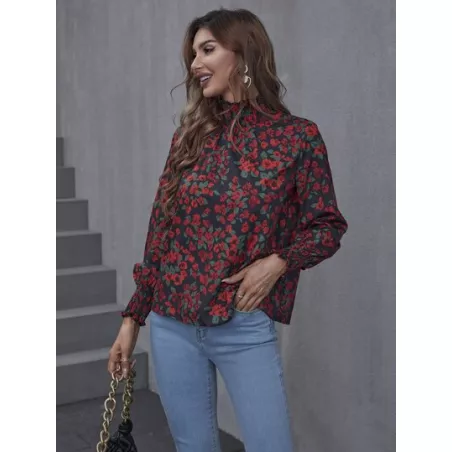 SHEIN Clasi Blusa con estampado floral con fruncido cuello de manga farol