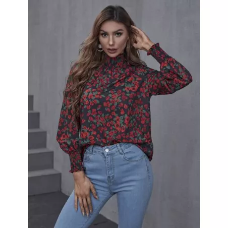 SHEIN Clasi Blusa con estampado floral con fruncido cuello de manga farol