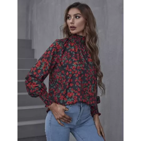 SHEIN Clasi Blusa con estampado floral con fruncido cuello de manga farol