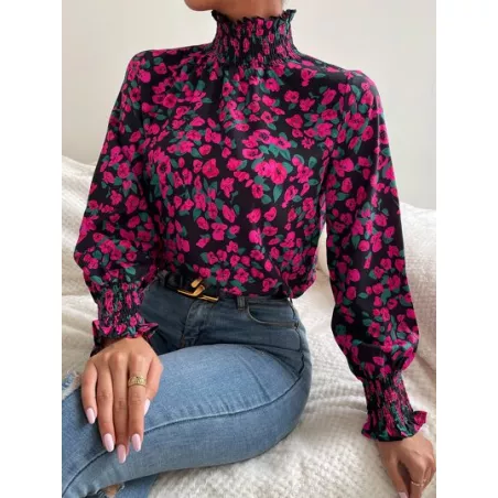 SHEIN Clasi Blusa con estampado floral con fruncido cuello de manga farol