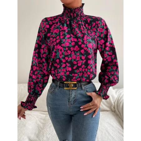 SHEIN Clasi Blusa con estampado floral con fruncido cuello de manga farol