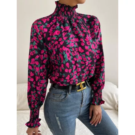 SHEIN Clasi Blusa con estampado floral con fruncido cuello de manga farol