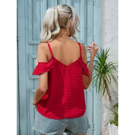 VCAY Blusa de lunares de hombros descubiertos ribete con fruncido